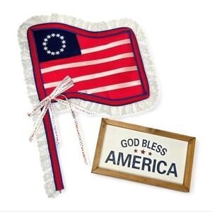 Vintage Patriotic American Flag God Bless America Wooden Tiered Tray Decor Lot